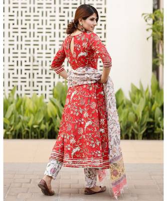 Red Cotton Printed Anarkali Kurta Set 3