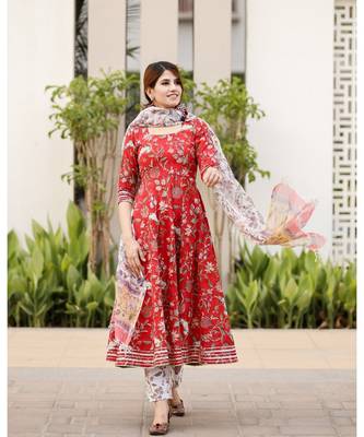 Red Cotton Printed Anarkali Kurta Set 4