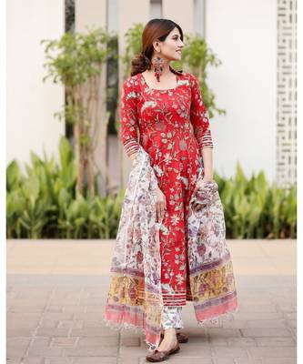 Red Cotton Printed Anarkali Kurta Set 5