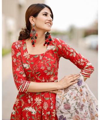 Red Cotton Printed Anarkali Kurta Set 6