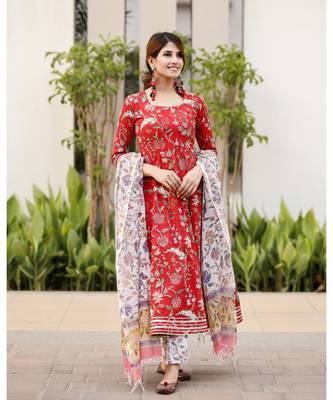 Red Cotton Printed Anarkali Kurta Set 7