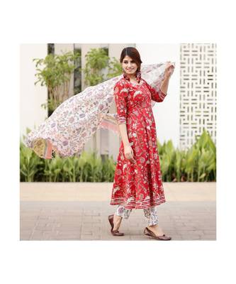 Red Cotton Printed Anarkali Kurta Set 8