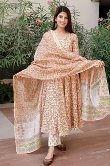 Round Neck Printed Anarkali Kurta Set with Straight Pants