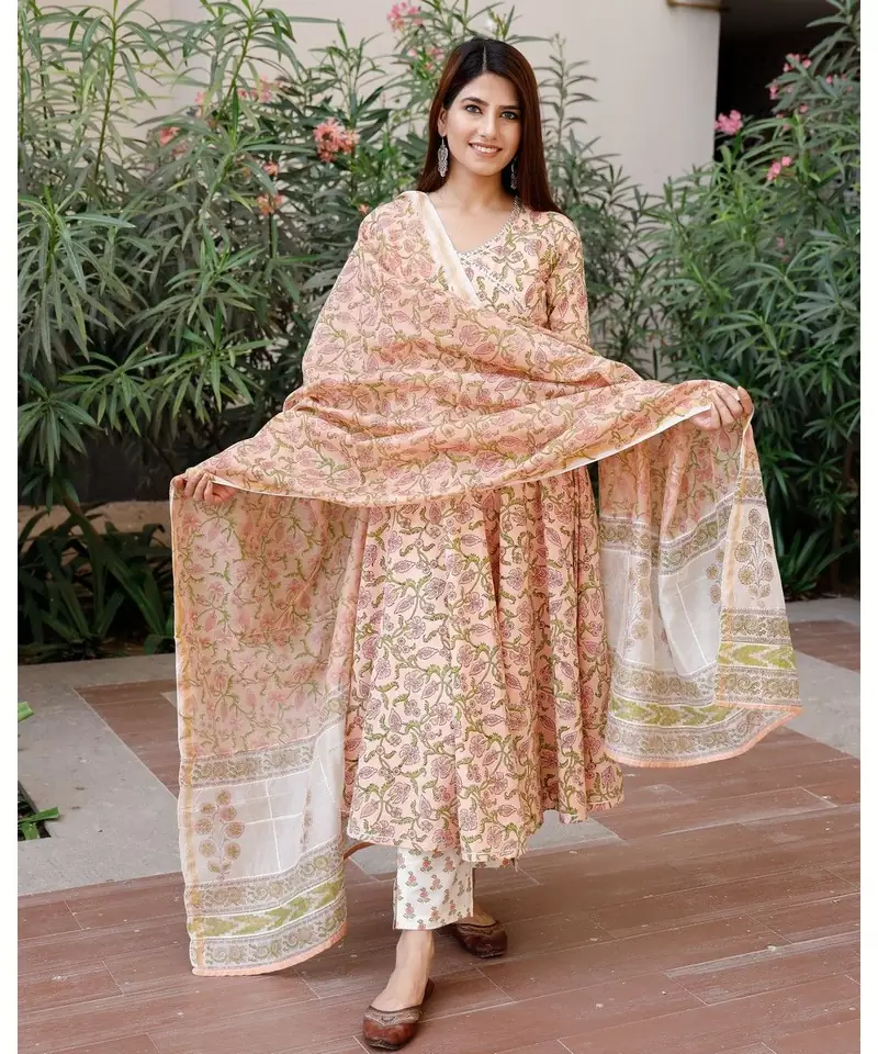 Round Neck Printed Anarkali Kurta Set with Straight Pants