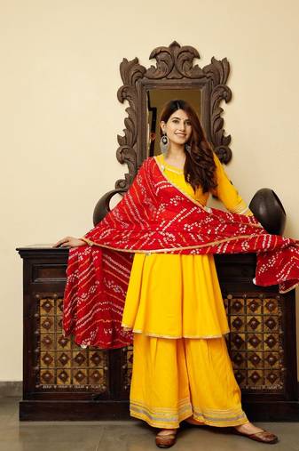 Yellow Flared Kurta Plazzo Set