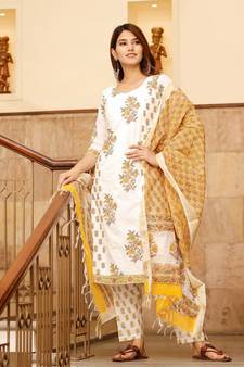 White Block Printed Straight Kurta Set