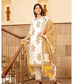 White Block Printed Straight Kurta Set