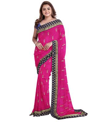 Pink embroidered silk blend saree with blouse 1