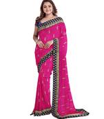 Pink embroidered silk blend saree with blouse