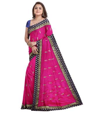 Pink embroidered silk blend saree with blouse 3