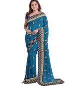 Blue embroidered silk blend saree with blouse