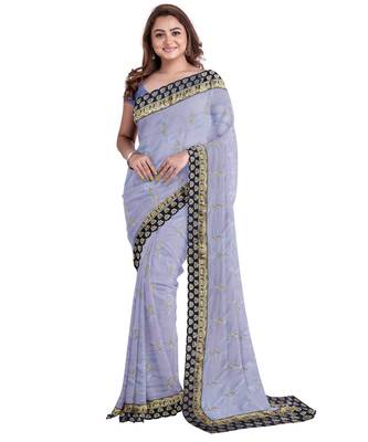 Grey embroidered silk blend saree with blouse 1