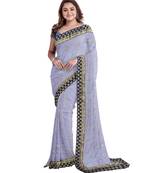 Grey embroidered silk blend saree with blouse