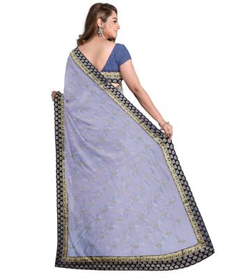 Grey embroidered silk blend saree with blouse 2