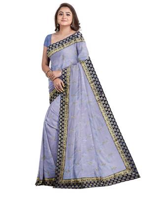 Grey embroidered silk blend saree with blouse 3