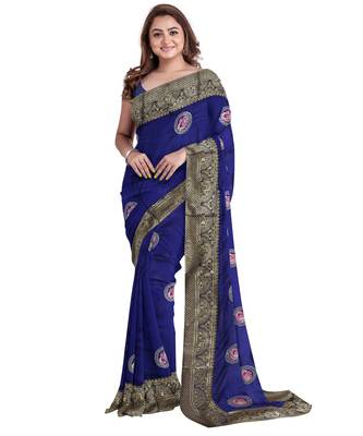 Navy blue embroidered silk blend saree with blouse 1
