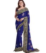Navy blue embroidered silk blend saree with blouse