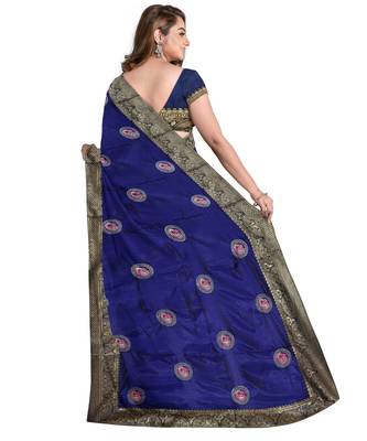 Navy blue embroidered silk blend saree with blouse 2