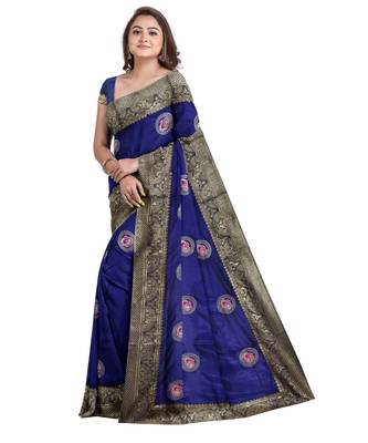 Navy blue embroidered silk blend saree with blouse 3