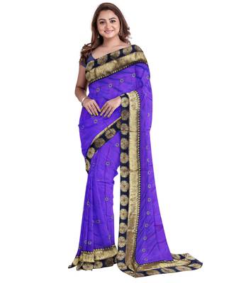 Purple embroidered silk blend saree with blouse 1