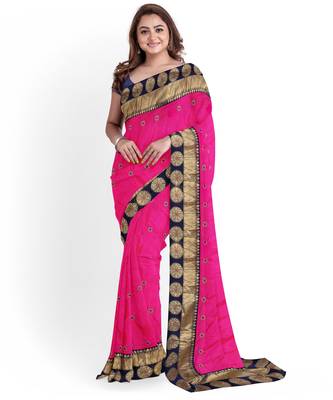 Pink embroidered silk blend saree with blouse 1