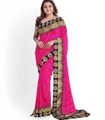 Pink embroidered silk blend saree with blouse