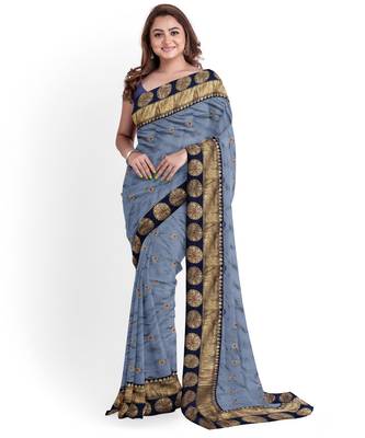 Grey embroidered silk blend saree with blouse 1