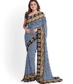 Grey embroidered silk blend saree with blouse