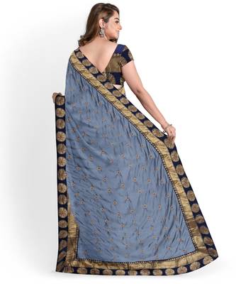 Grey embroidered silk blend saree with blouse 2