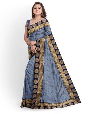 Grey embroidered silk blend saree with blouse 3