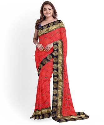 Orange embroidered silk blend saree with blouse 1