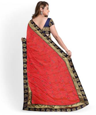 Orange embroidered silk blend saree with blouse 2