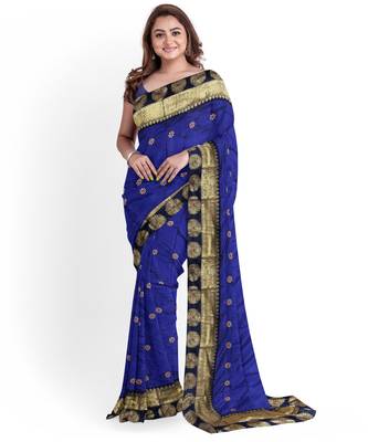 Dark green embroidered silk blend saree with blouse 1