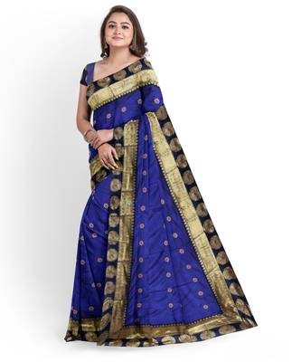 Dark green embroidered silk blend saree with blouse 3