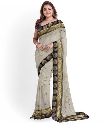 Cream embroidered silk blend saree with blouse 1