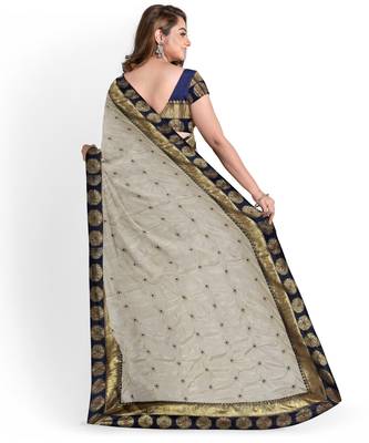 Cream embroidered silk blend saree with blouse 2