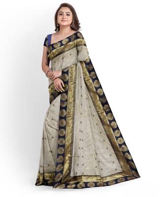 Cream embroidered silk blend saree with blouse 3