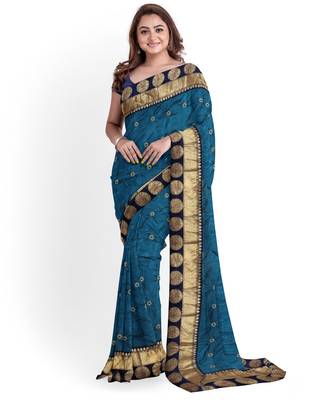 Blue embroidered silk blend saree with blouse 1