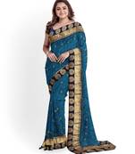 Blue embroidered silk blend saree with blouse