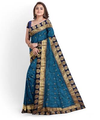 Blue embroidered silk blend saree with blouse 3