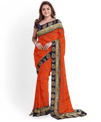 Orange embroidered silk blend saree with blouse 1