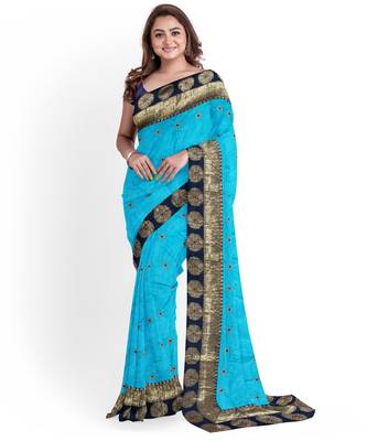 Sky blue embroidered silk blend saree with blouse 1