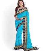 Sky blue embroidered silk blend saree with blouse