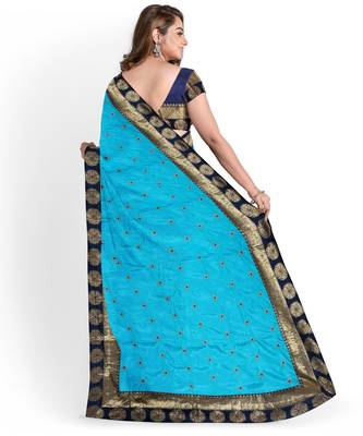 Sky blue embroidered silk blend saree with blouse 2