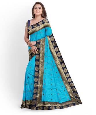 Sky blue embroidered silk blend saree with blouse 3