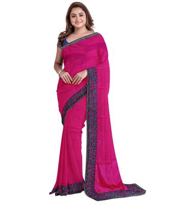 Pink embroidered silk blend saree with blouse 1