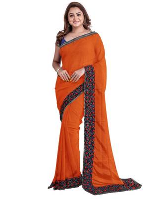Orange embroidered silk blend saree with blouse 1