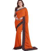 Orange embroidered silk blend saree with blouse