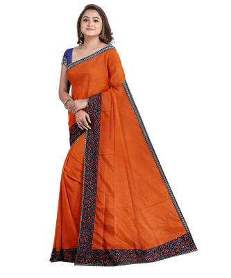 Orange embroidered silk blend saree with blouse 3
