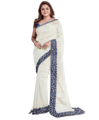 Off white embroidered silk blend saree with blouse 1